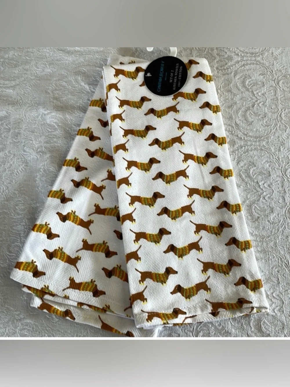 Darling dachshund in sweaters Cynthia Rowley, kitchen towels. Set of 2
